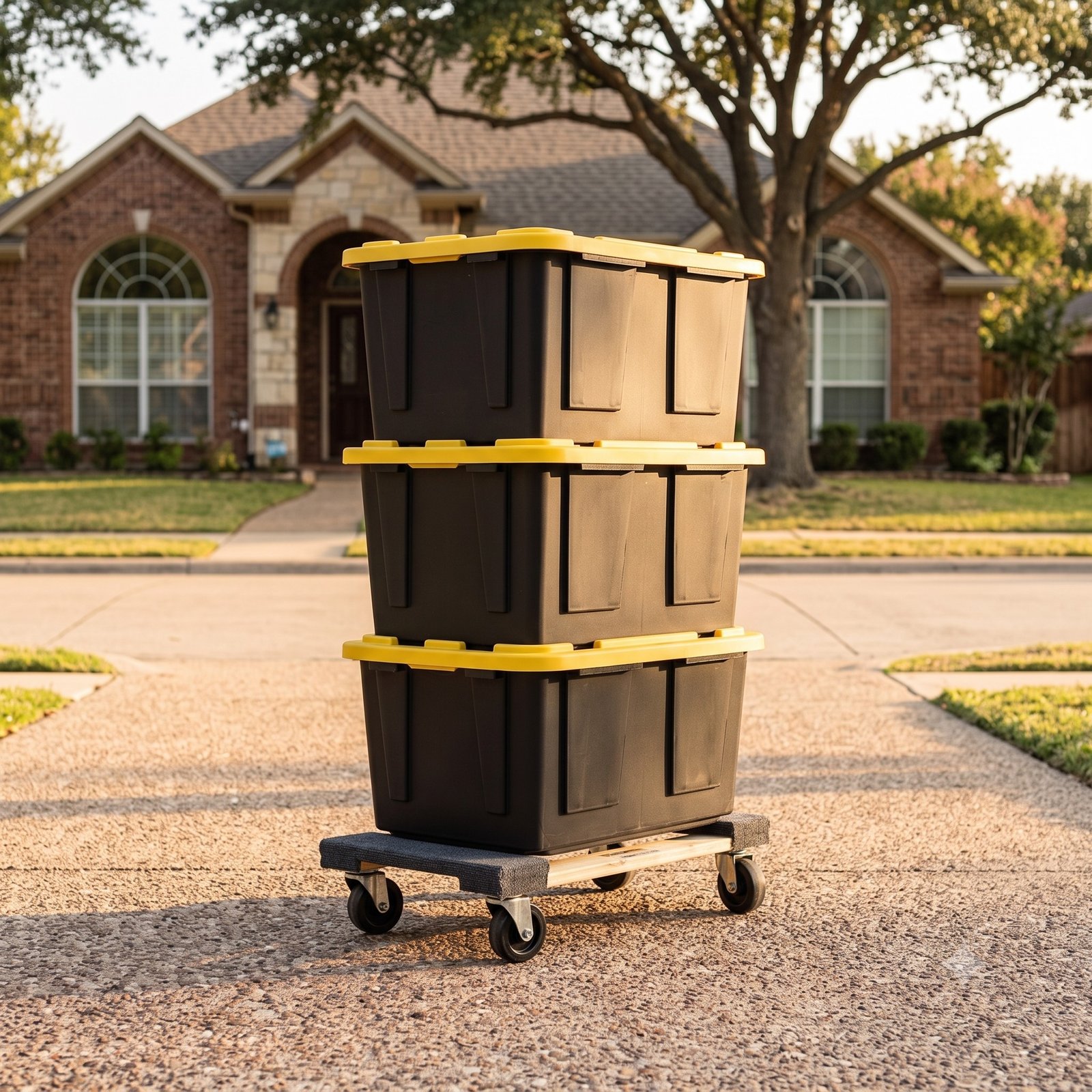 Stack of heavy-duty plastic moving totes on a dolly, delivered to a Dallas driveway