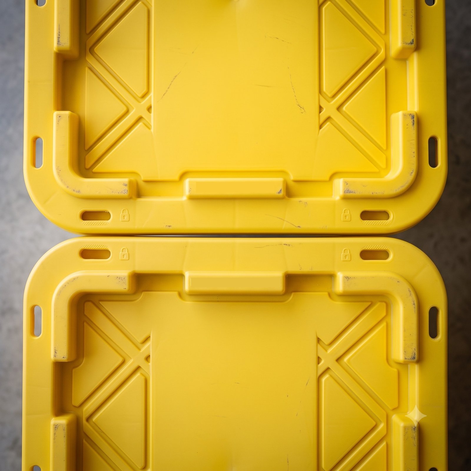 Close-up of a moving tote lid with a snap-tight seal, no tape required